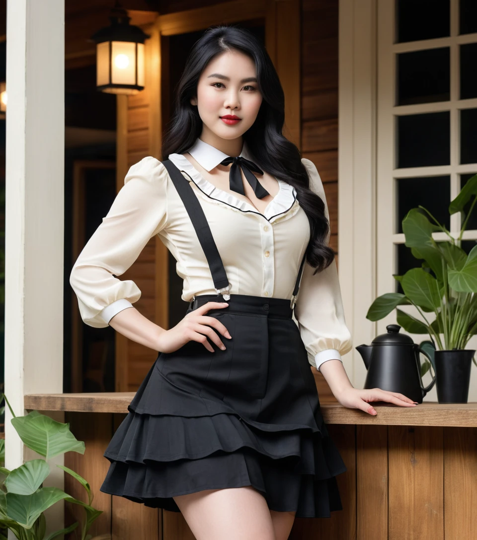 霓虹咖啡吧中的復古裝越南女子