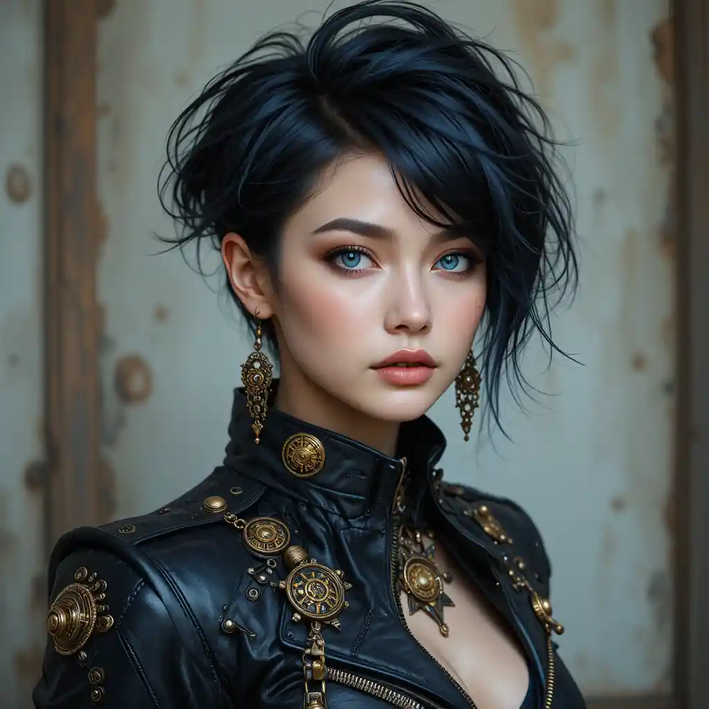 Ritratto di donna dagli occhi azzurri con giacca di pelle steampunk dal look deciso