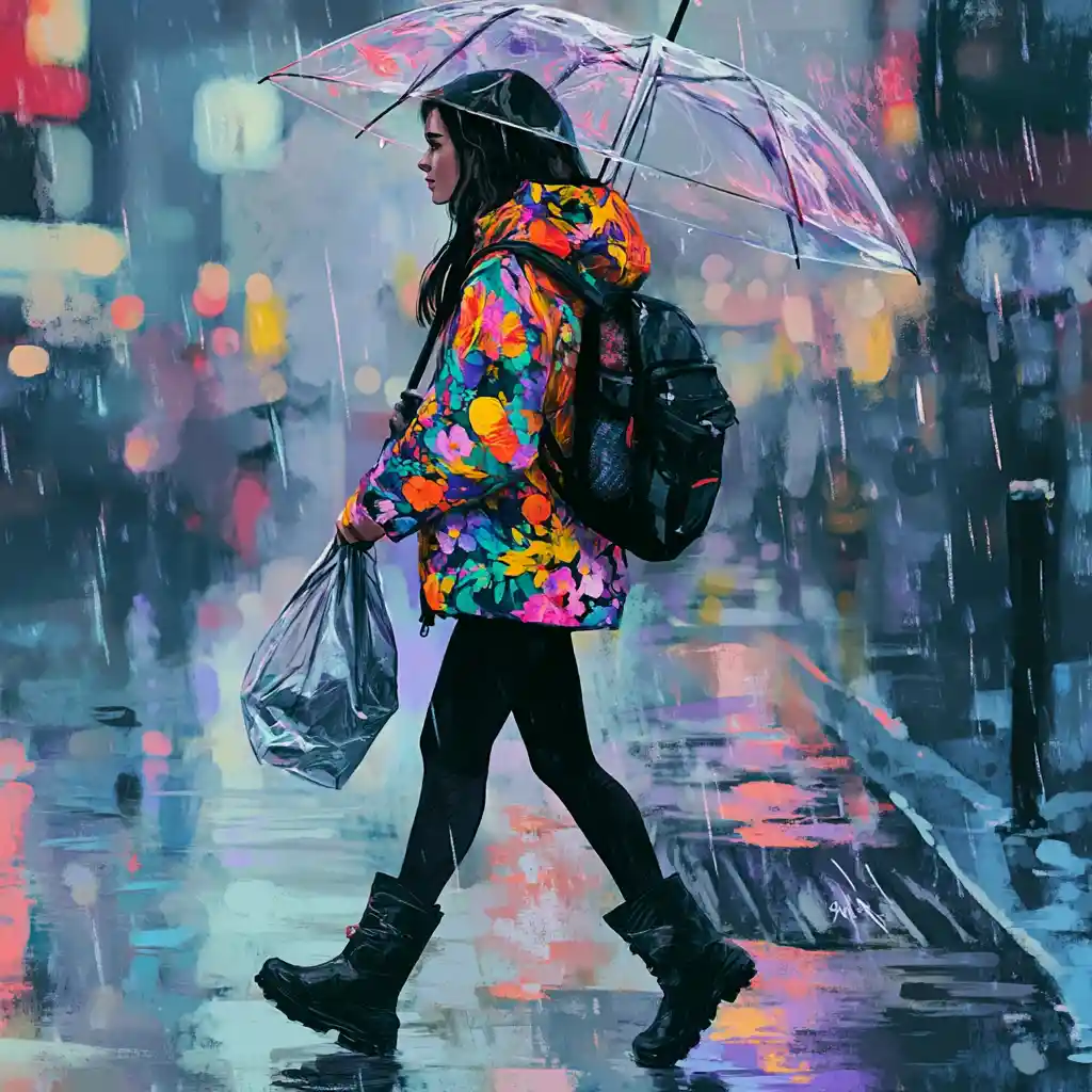 花柄ジャケットを着て雨の街を歩く女性