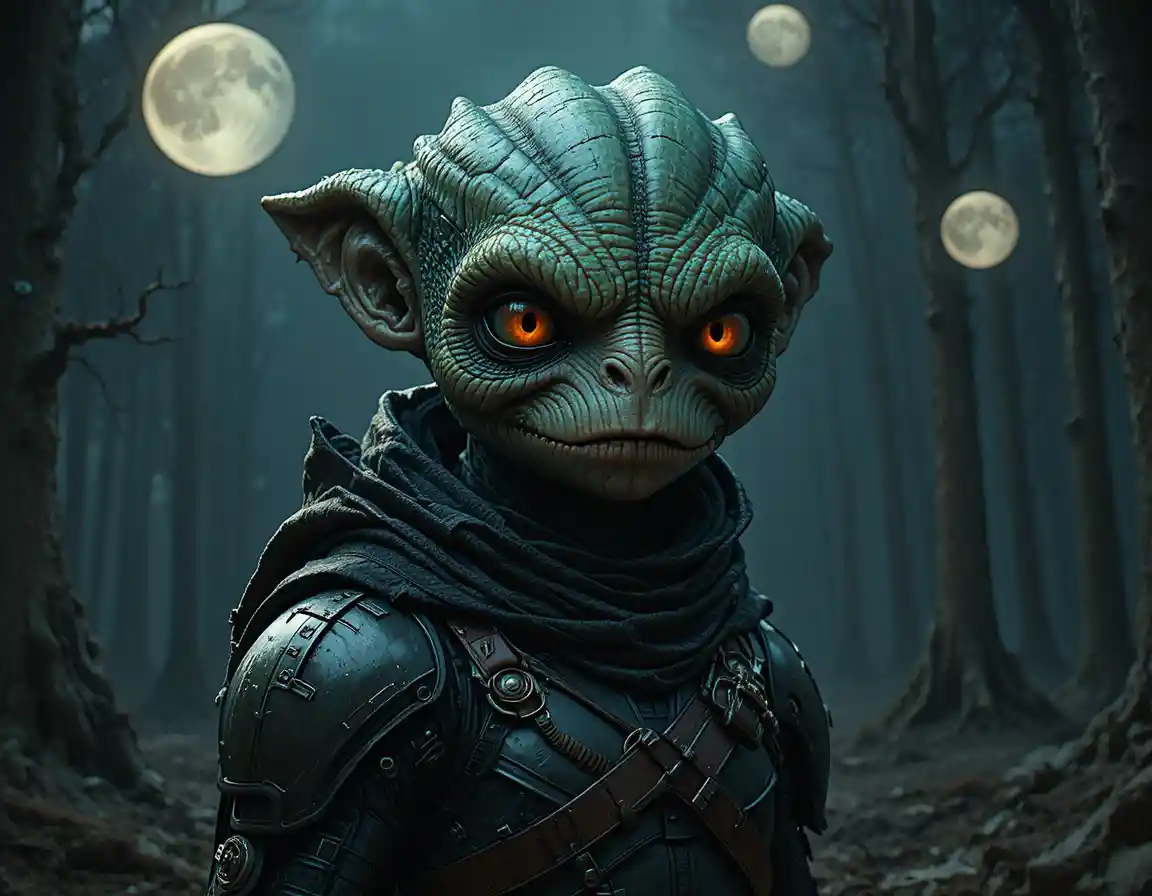 Monstruo verde acorazado en un bosque oscuro y siniestro
