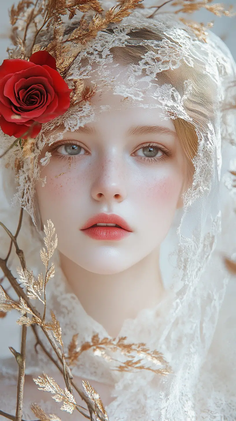 Young woman with red rose and golden leaves portrait