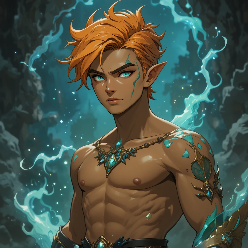 Young bronze skinned god with mismatched eyes and orange hair
