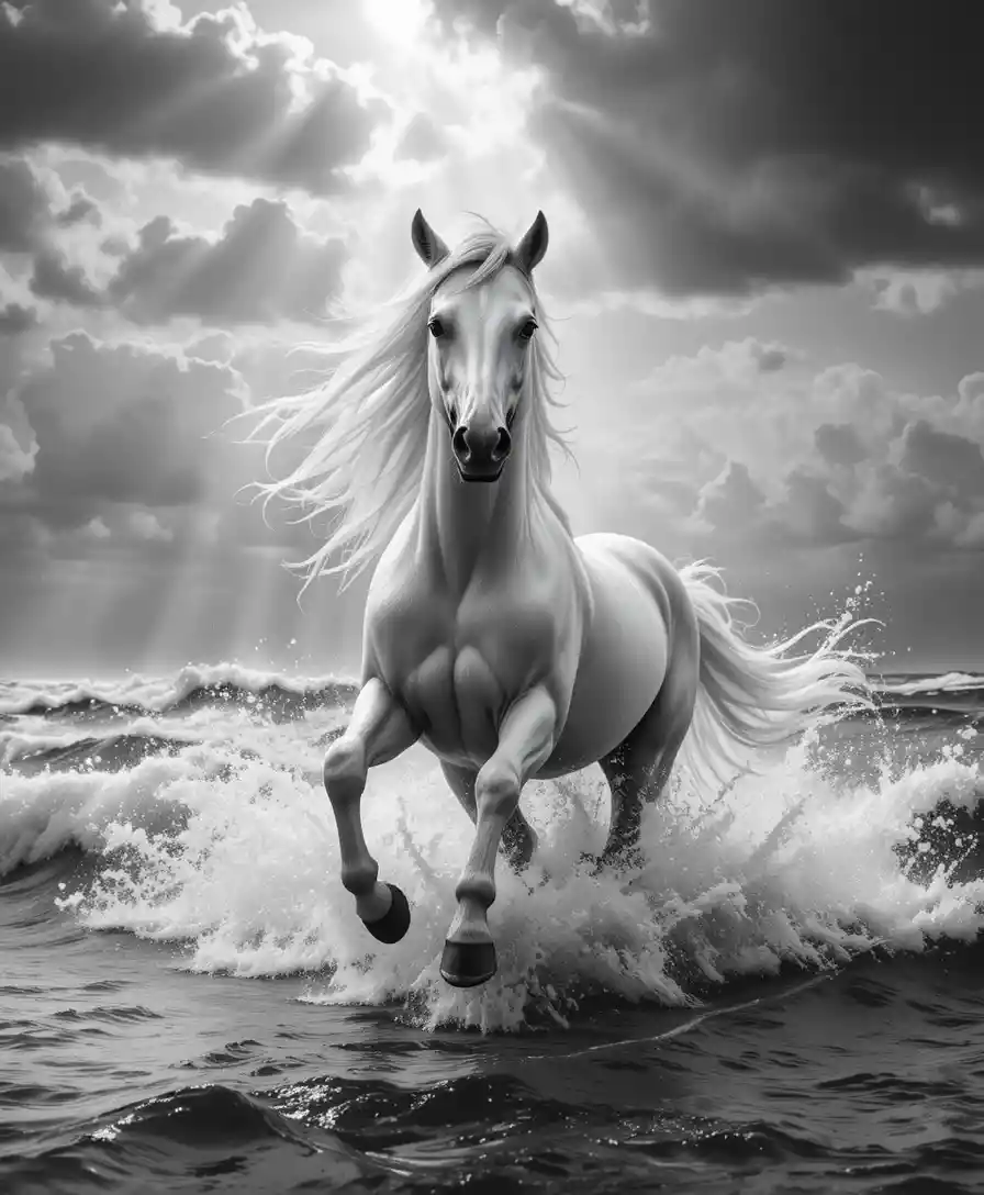 White horse galloping through ocean waves in stormy light