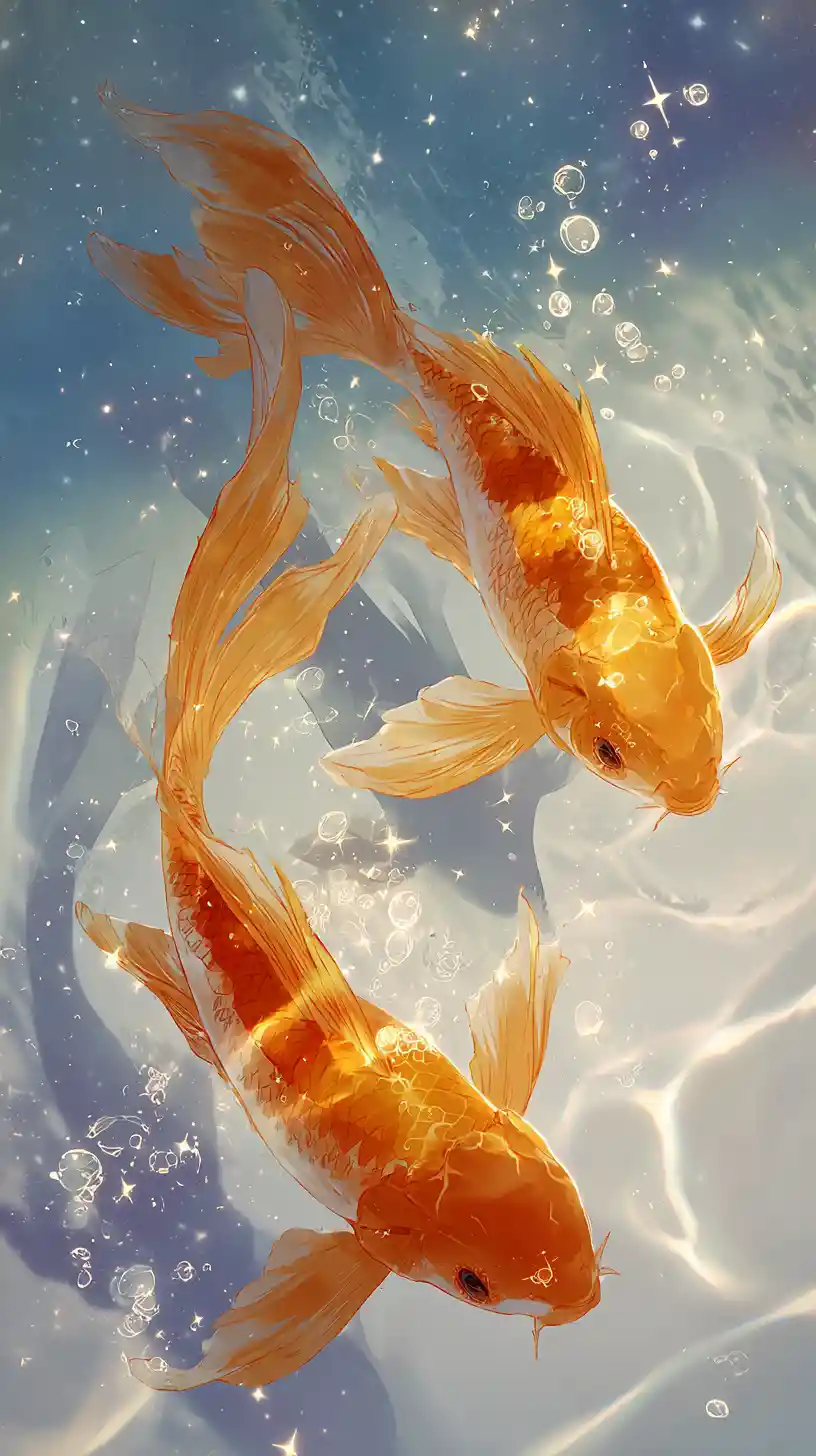 Peces koi dorados nadando en agua luminosa de anime