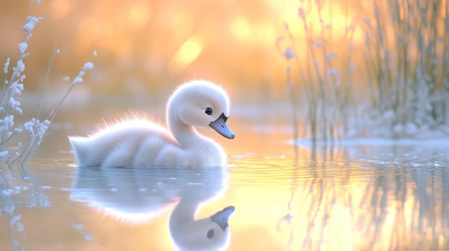 Cisne bebé deslizándose sobre un estanque tranquilo al amanecer en un humedal