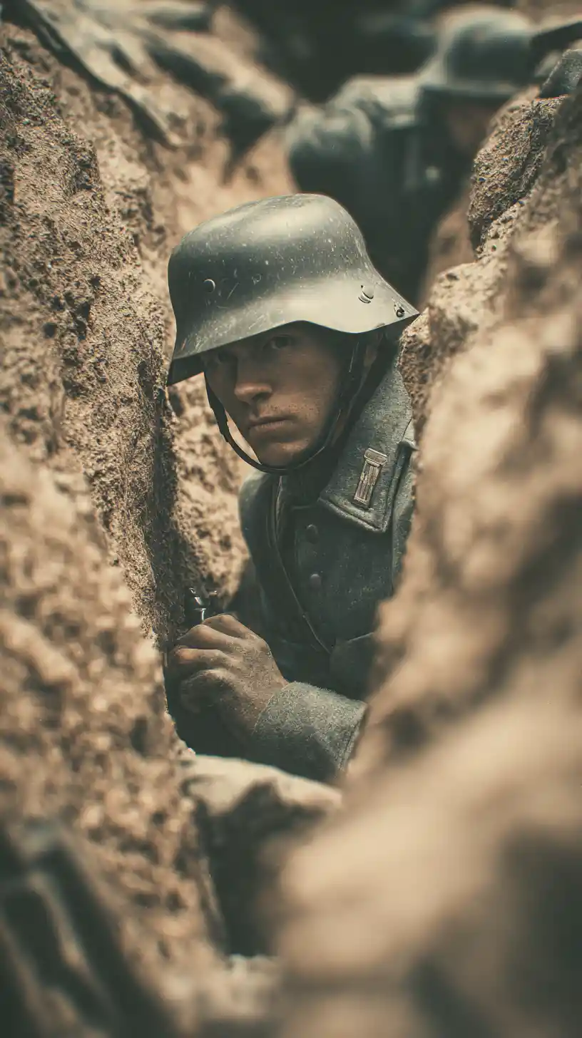 Soldati tedeschi della Seconda Guerra Mondiale in una drammatica battaglia in trincea
