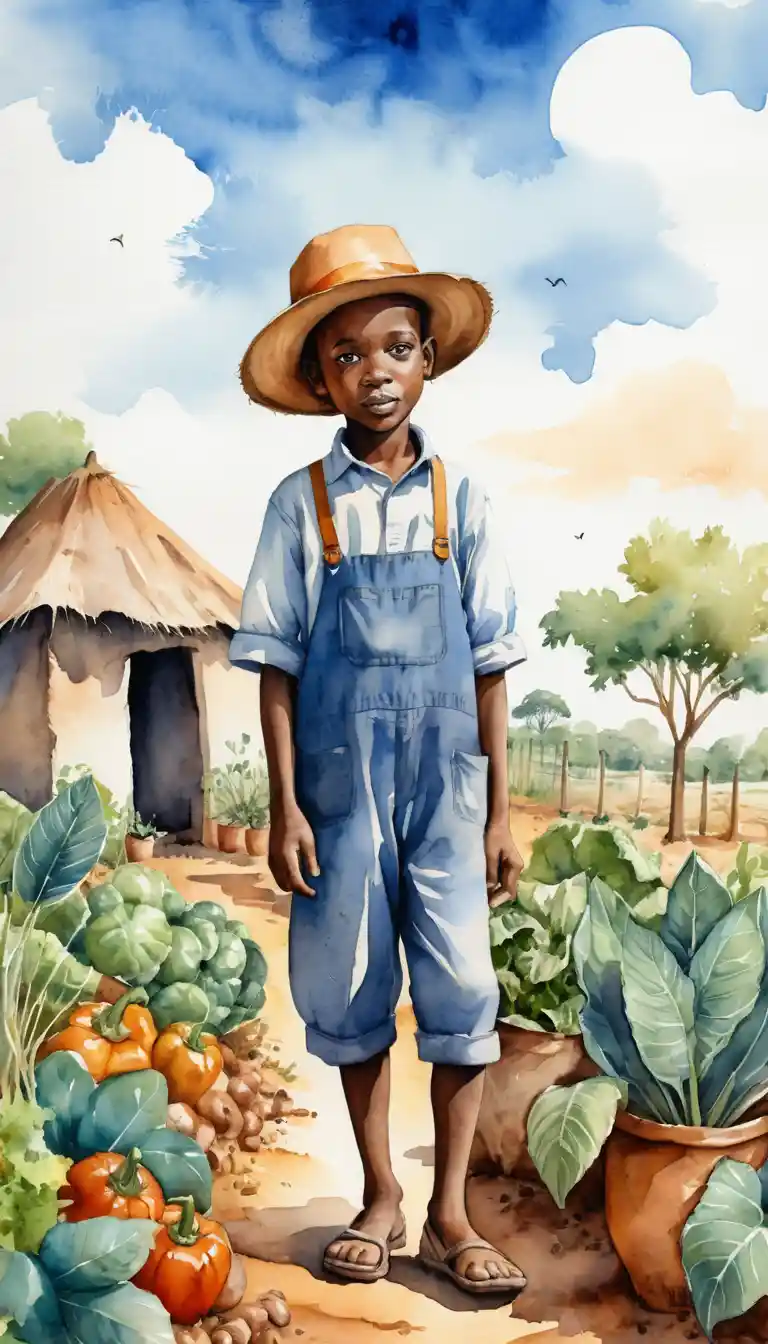 Elderly African gardener tending vegetables in warm watercolor