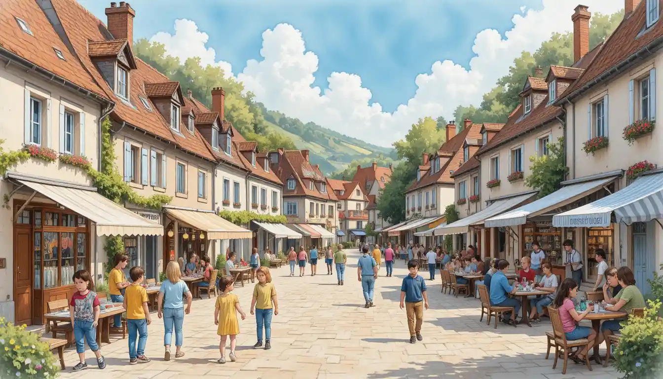 Accogliente illustrazione ad acquerello di una via del mercato in un villaggio francese