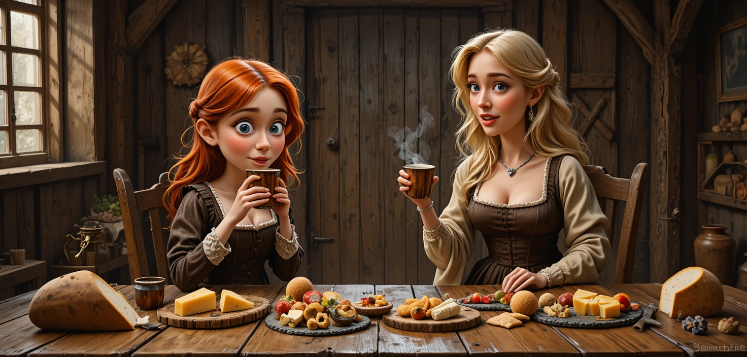Two women sharing drinks at a rustic medieval table