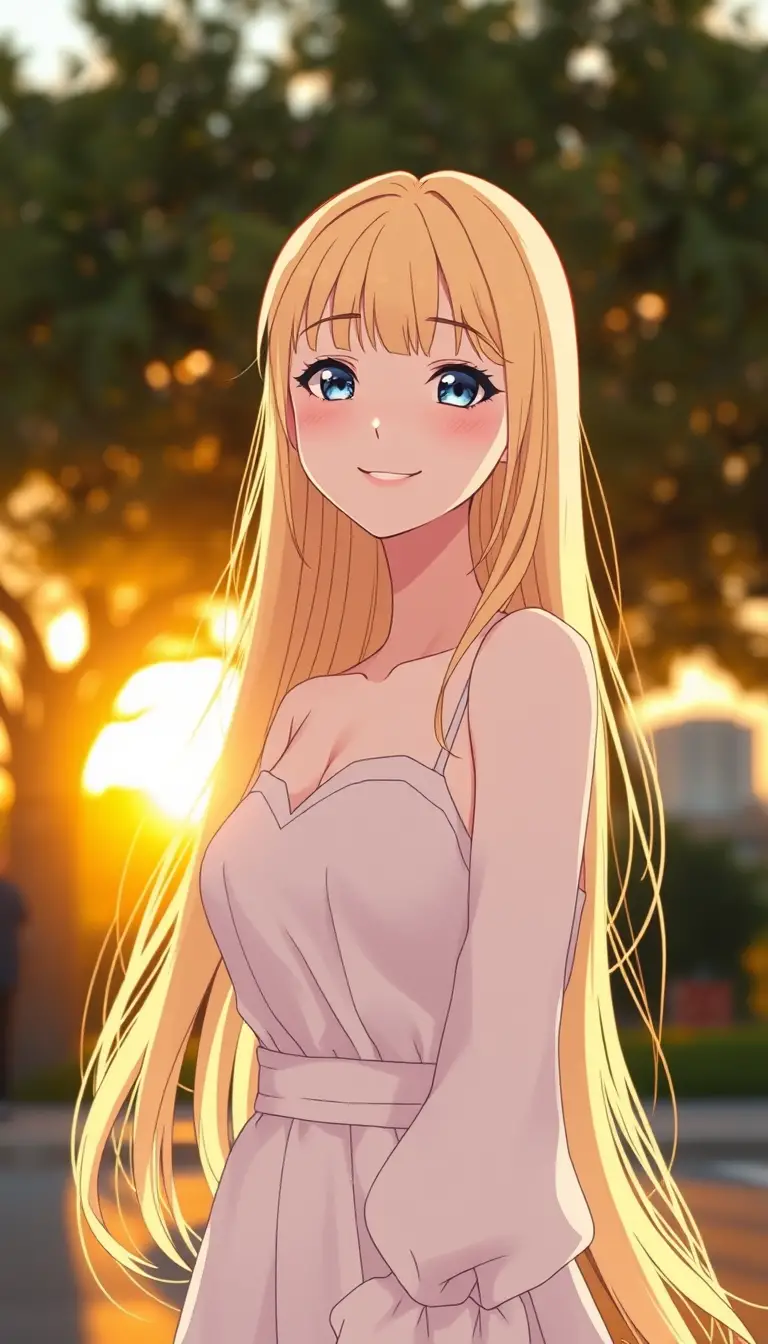 Joyful blonde anime girl at sunset outdoors