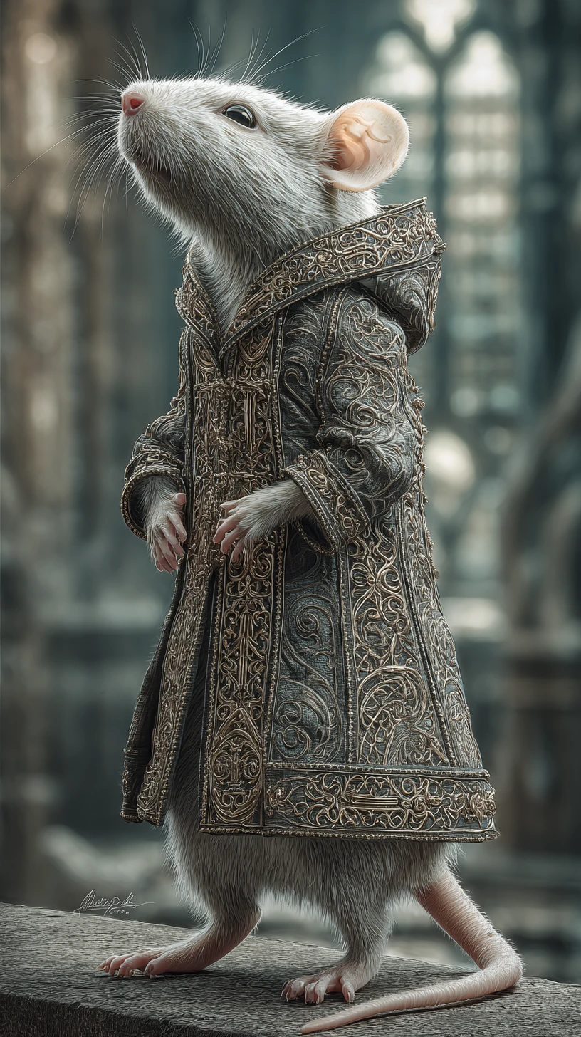 Rata adorable con sudadera ornamentada en una escena gótica de fantasía urbana
