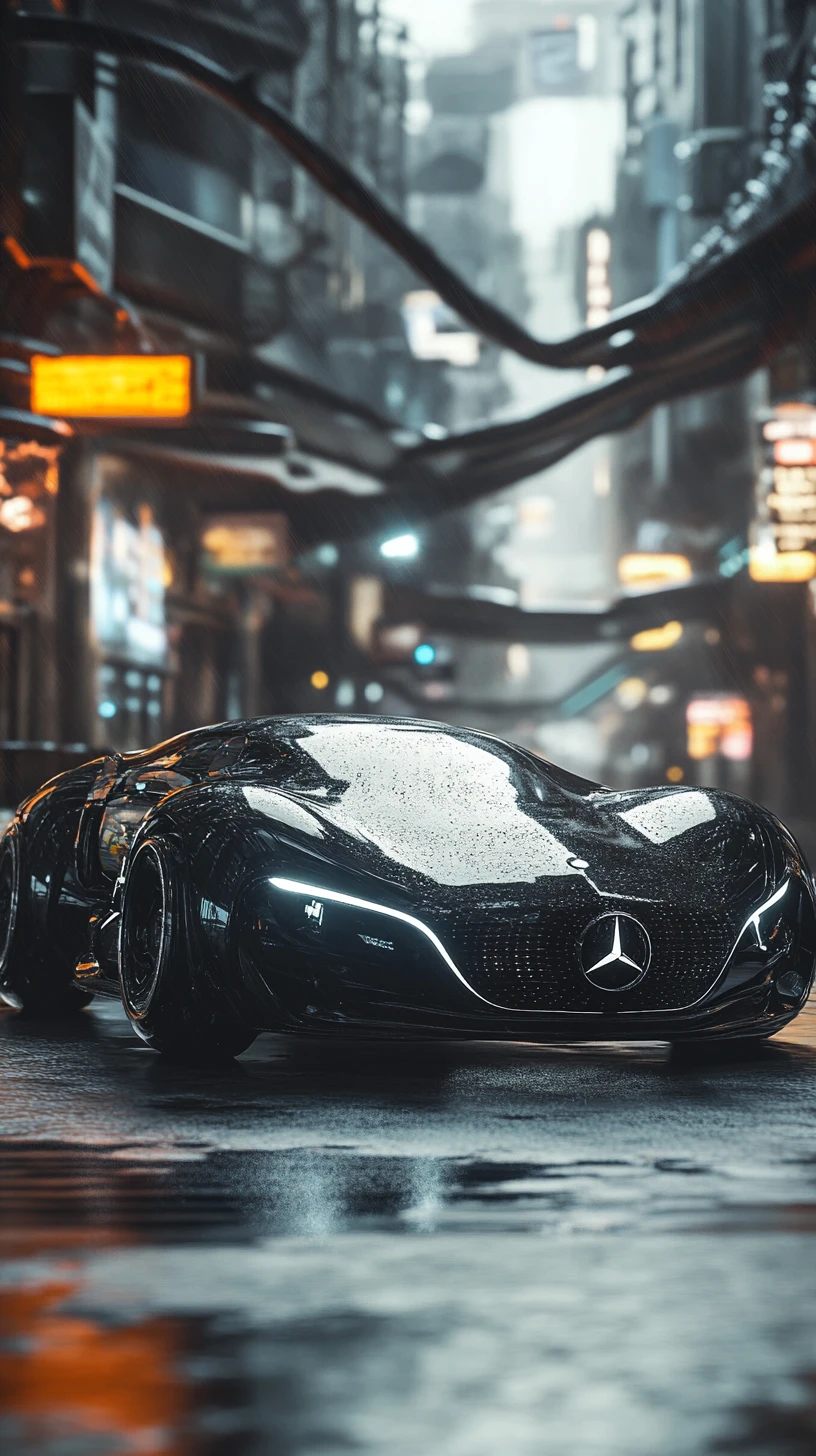 Auto concept nera futuristica sospesa sopra il suolo