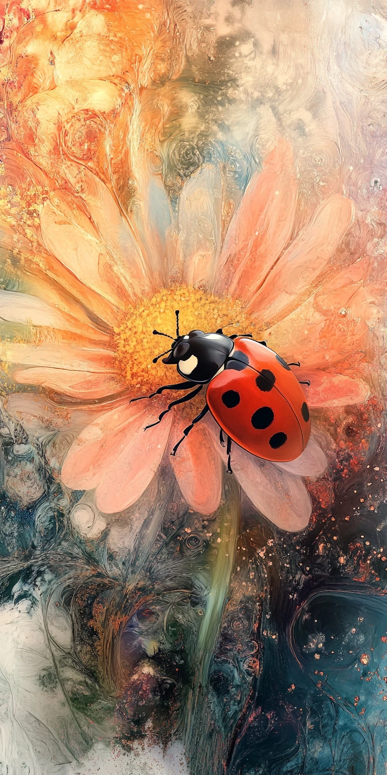 Surreal collage of macro ladybug on daisy under sun