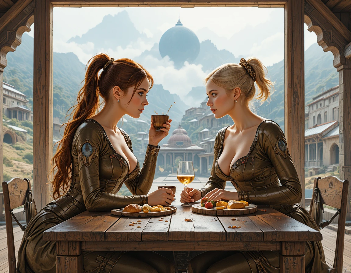 Two women sharing a rustic medieval meal at table
