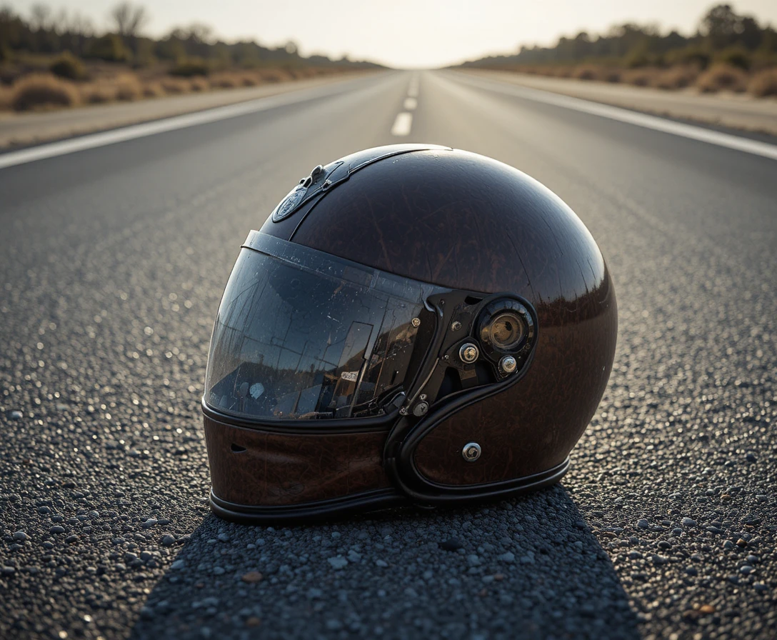 Retro brown motorcycle helmet on empty highway asphalt