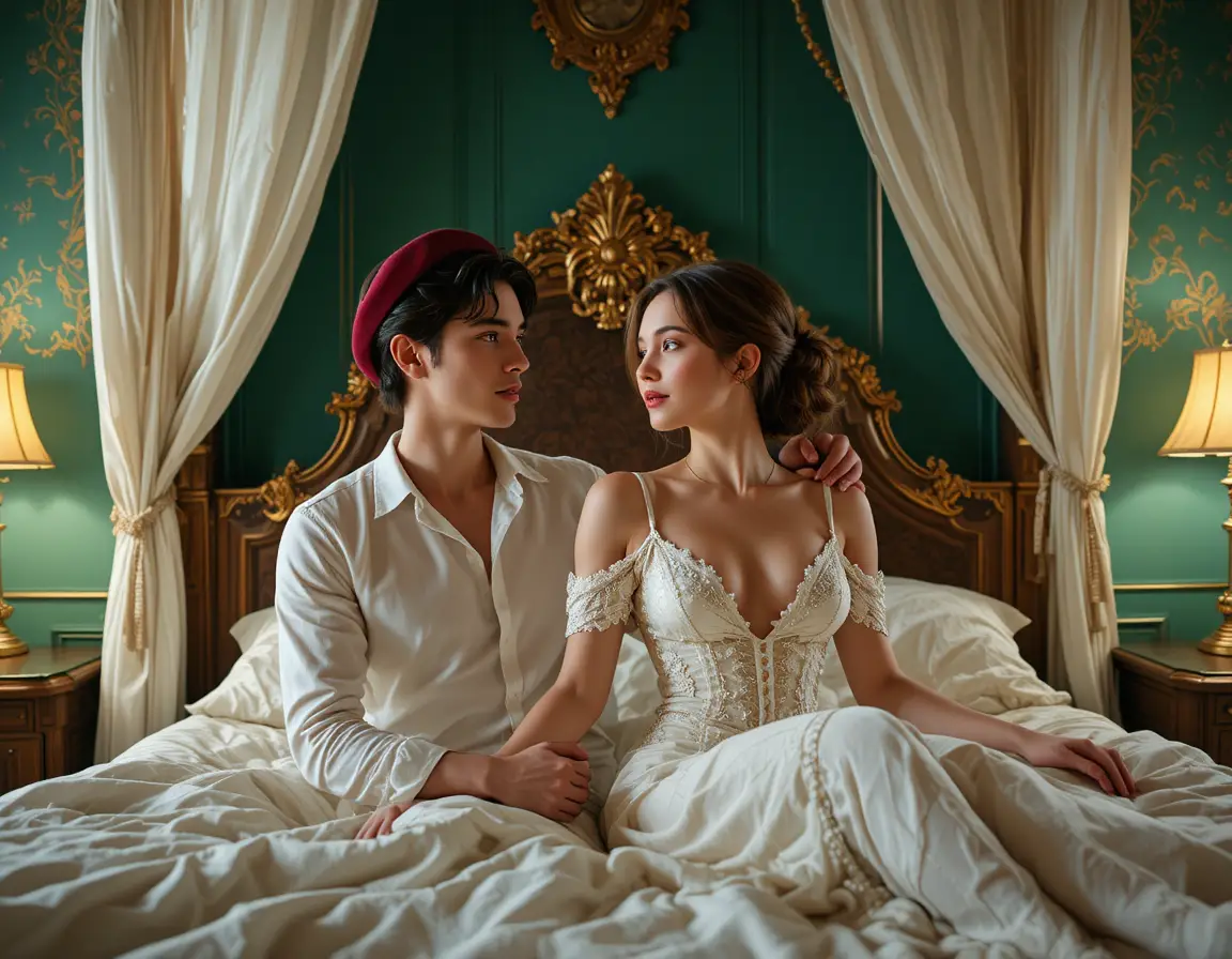Romantic couple lying together on a canopy bed