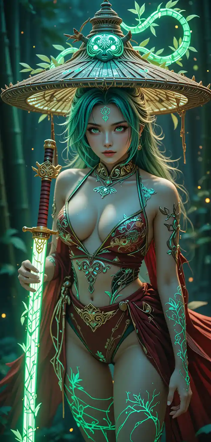 Anime warrior woman in glowing runic armor battle stance