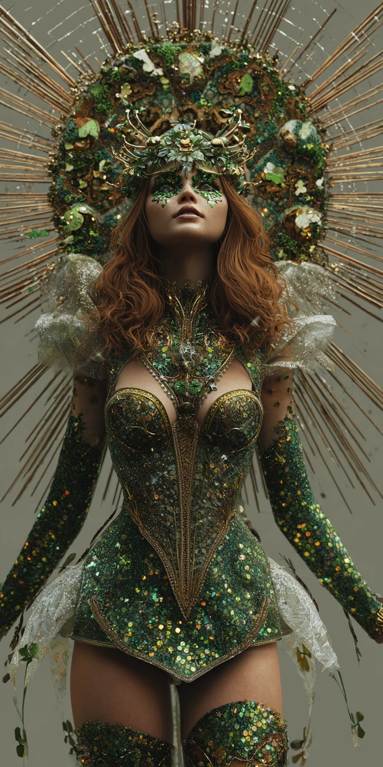 Whimsical female leprechaun with radiant starburst background