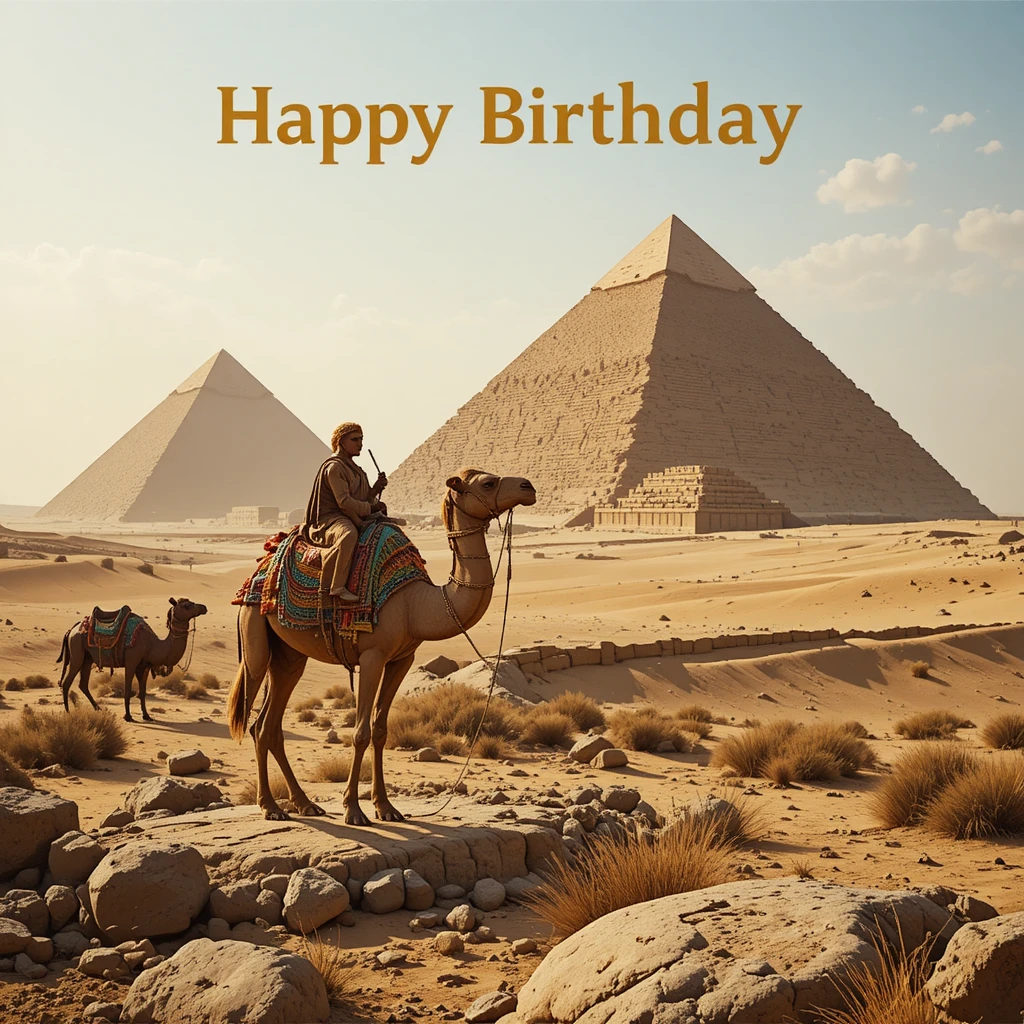 Happy birthday card with pyramids and camel in desert