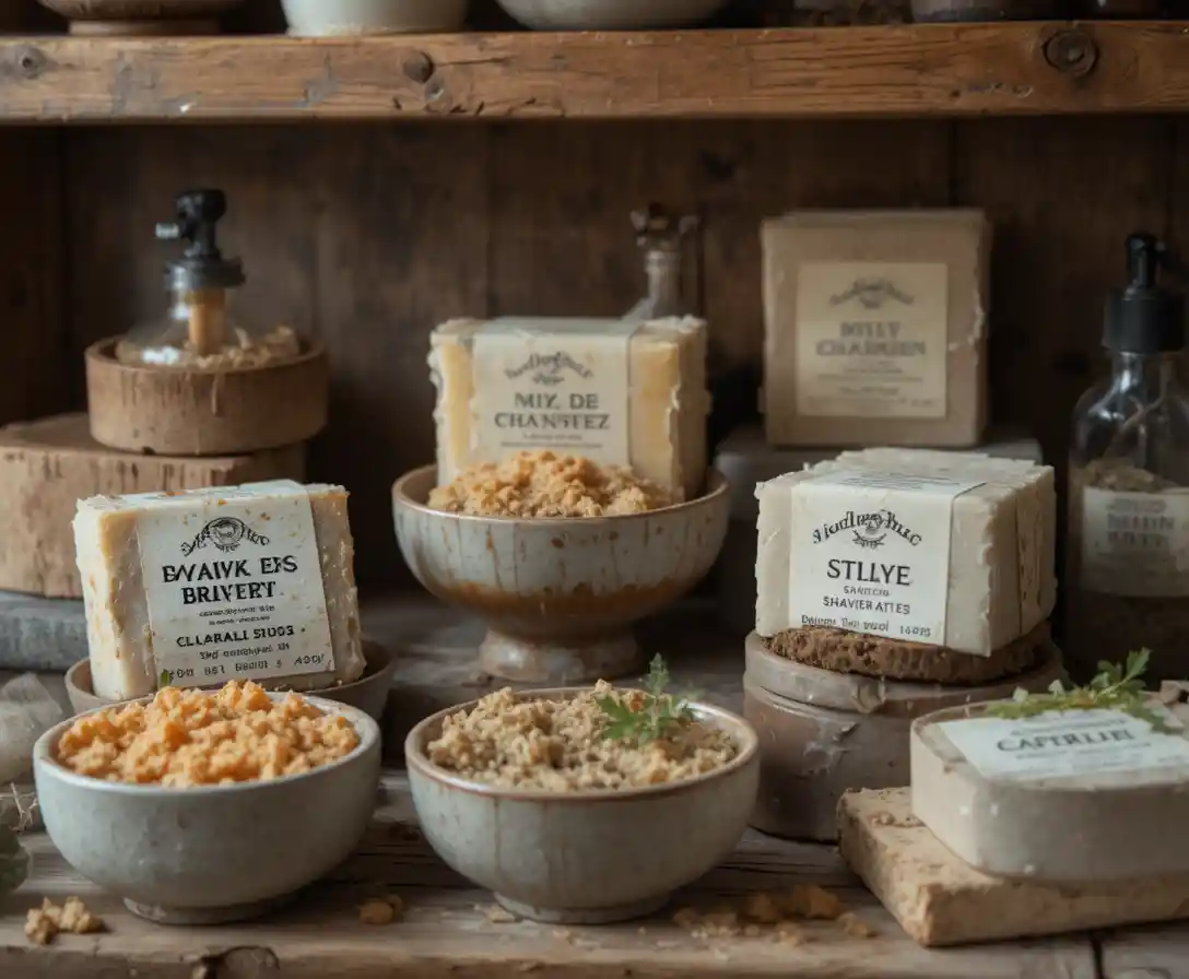 Artisanal shaving soaps in ceramic bowls on rustic shelf