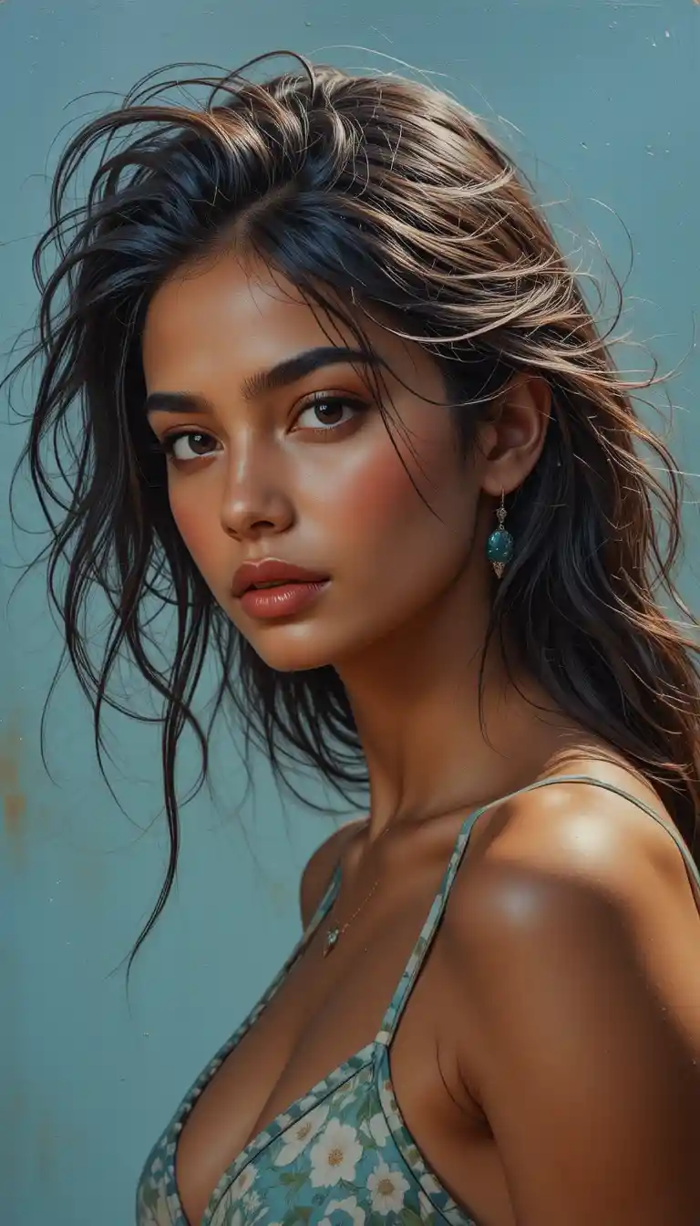Indian girl portrait in dramatic retro oil painting style