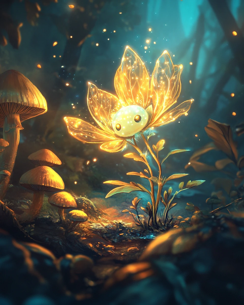 Glowing forest sprite hovering among mushrooms at night