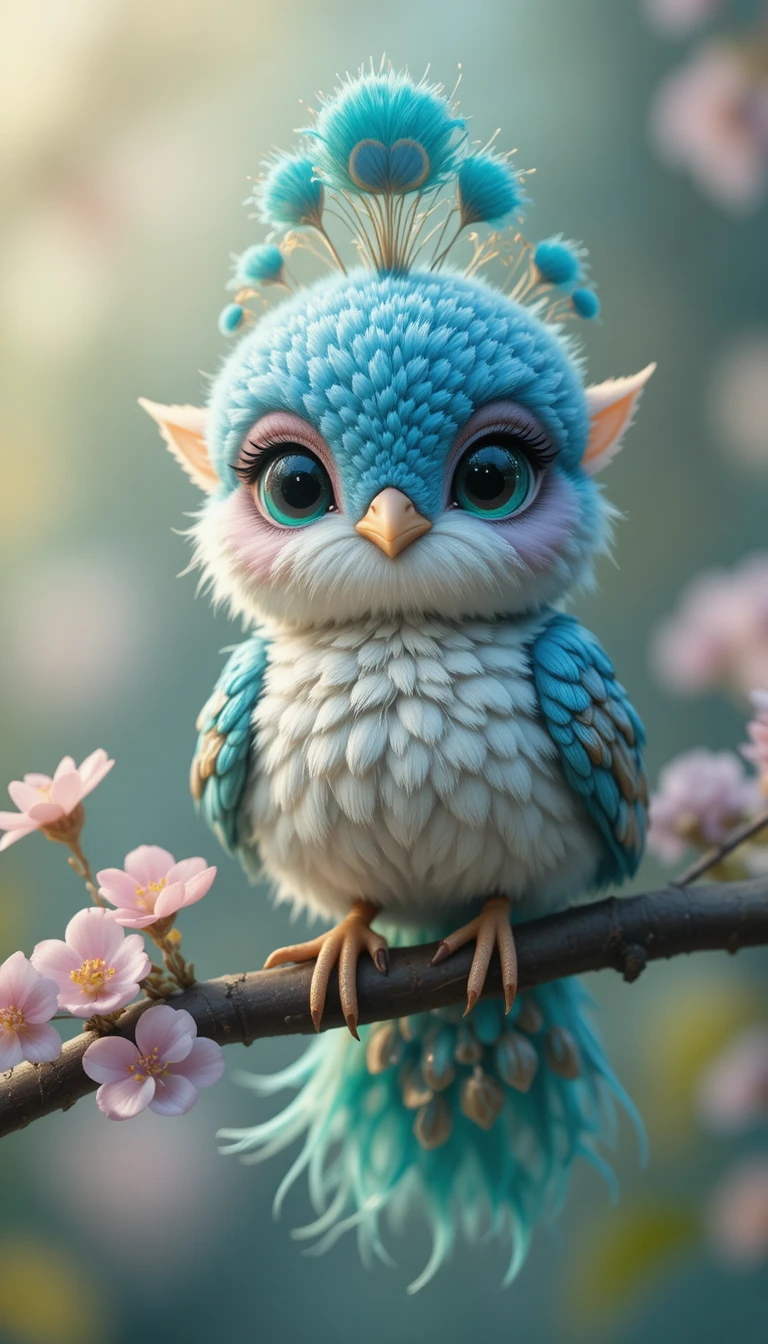 Whimsical mythical bird perched on a flowering branch