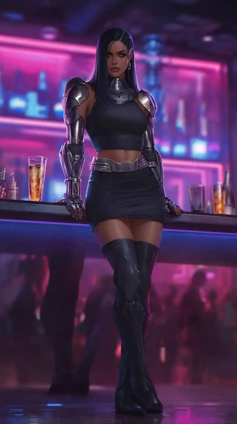 Alien warrior princess in neon nightclub portrait