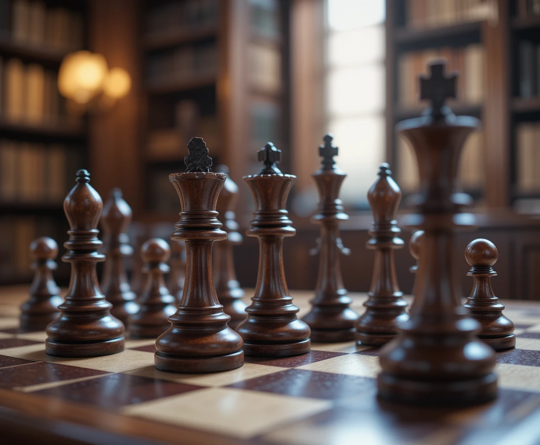 Mahogany chess set on library table in warm ambient light