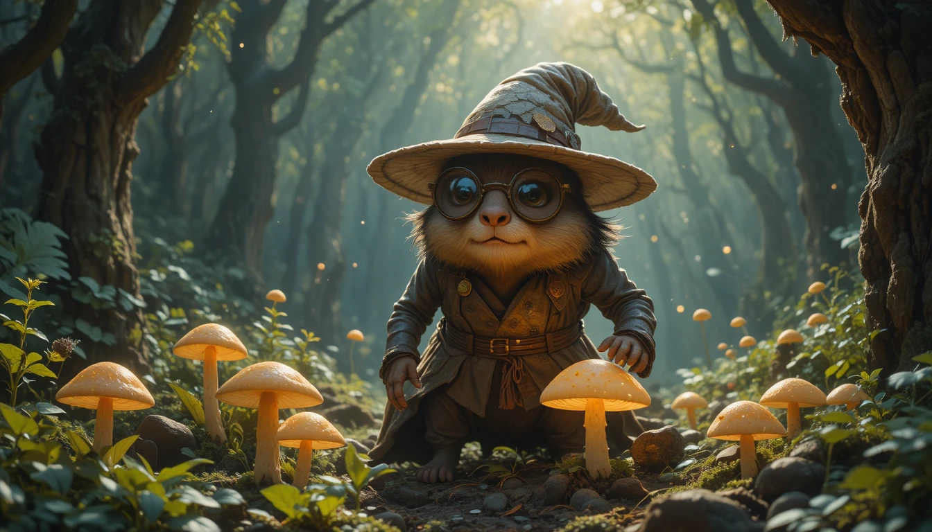 Ancient groundhog wizard in a glowing forest garden