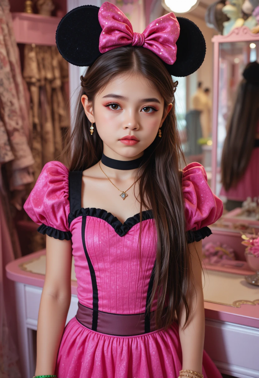 Niño preadolescente ansioso disfrazado de Minnie Mouse en una boutique