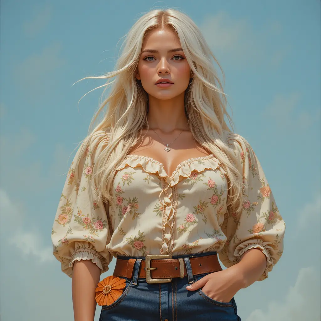 Stylish woman in floral blouse and jeans full body portrait