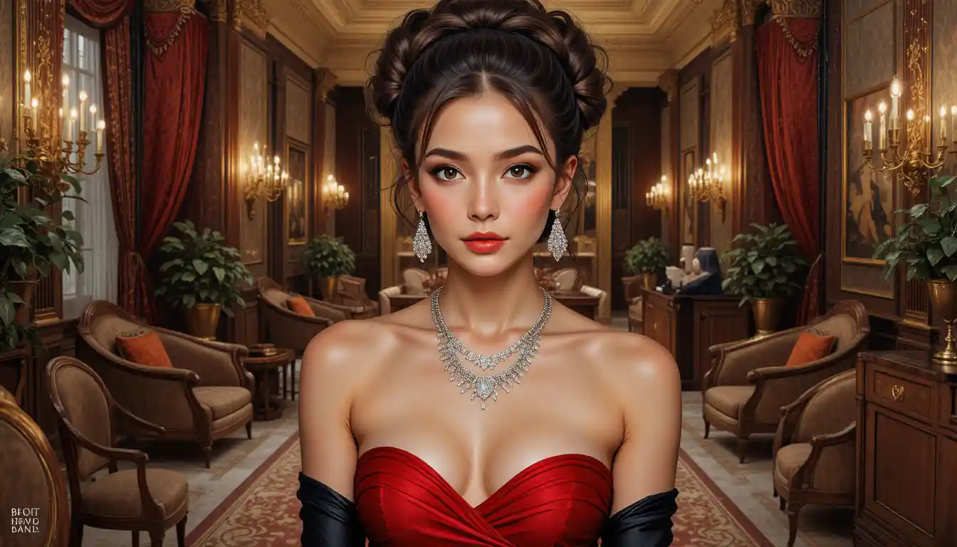 Giovane donna elegante in abito rosso in una stanza classica