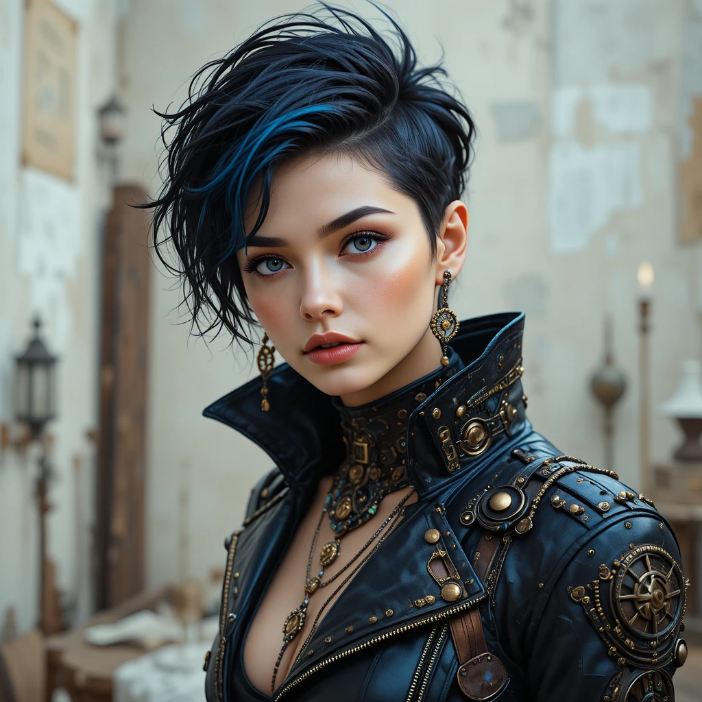 Edgy blue eyed girl in steampunk leather jacket