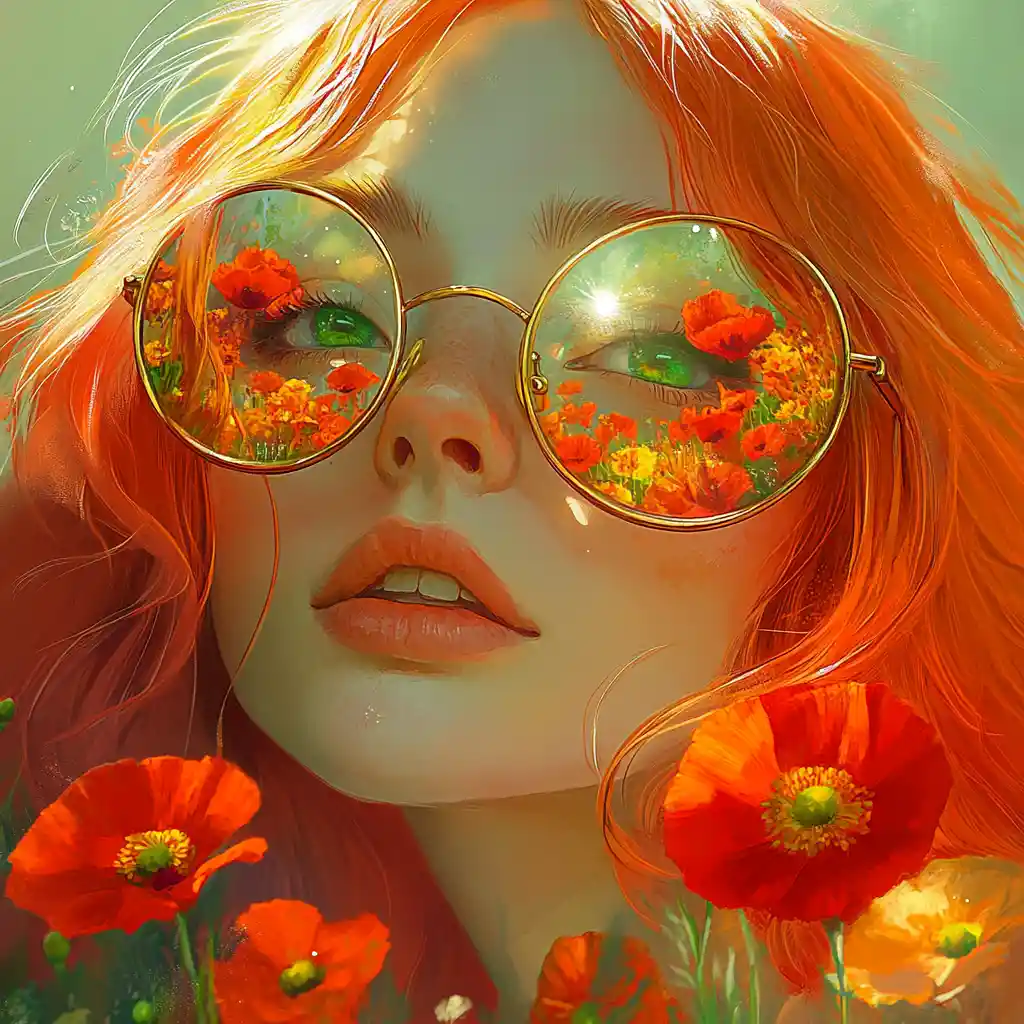 Anime-Mädchen mit floralen Spiegelungen in goldener Brille