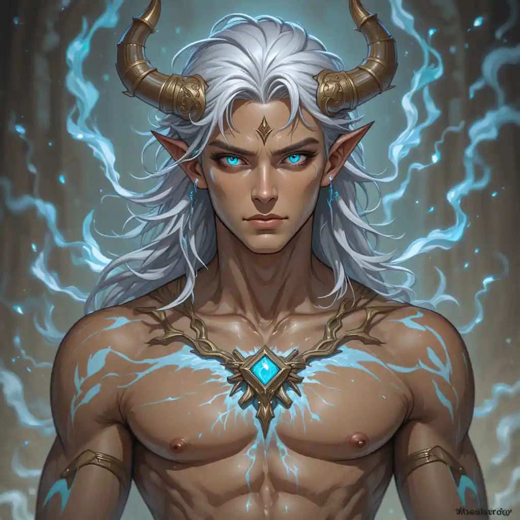 Dios pálido de fantasía con ojos azules iridiscentes y cabello plateado oscuro