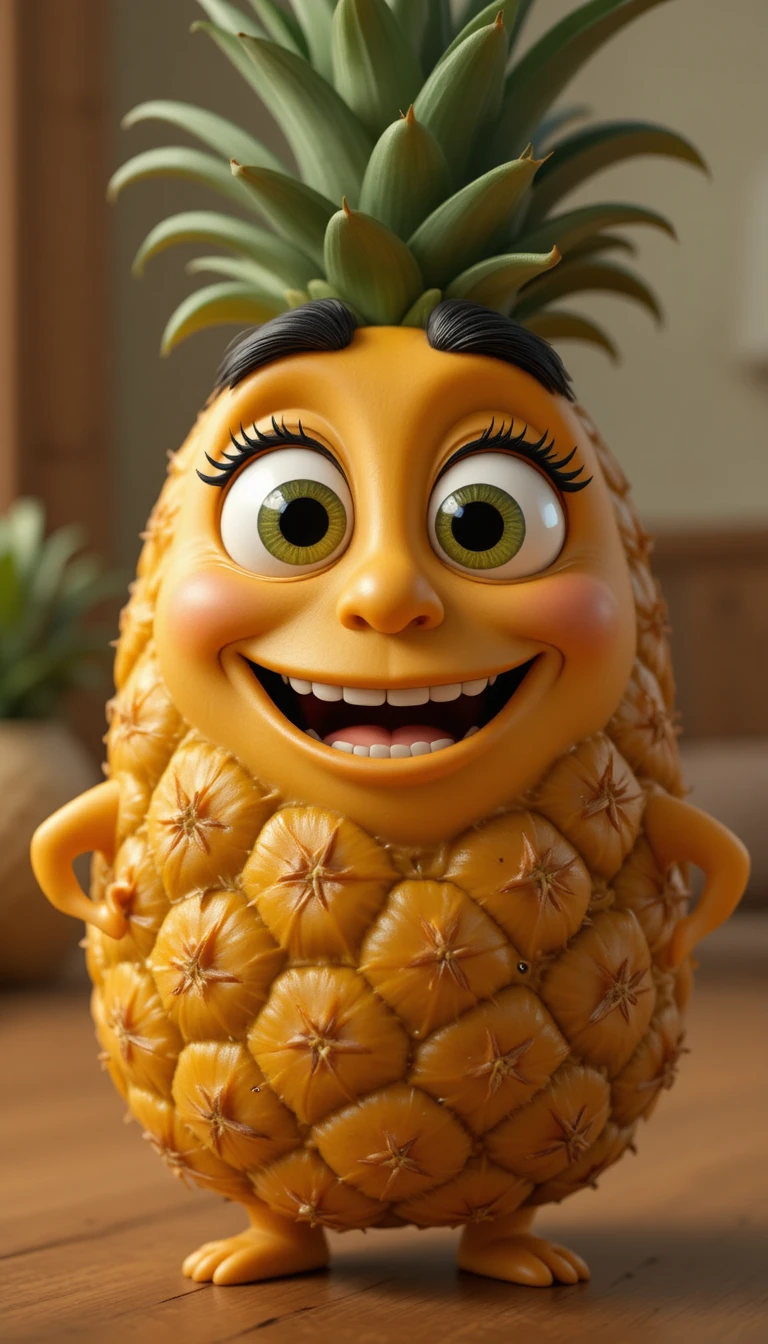 Personagem de abacaxi 3D fofo com olhos grandes e expressivos