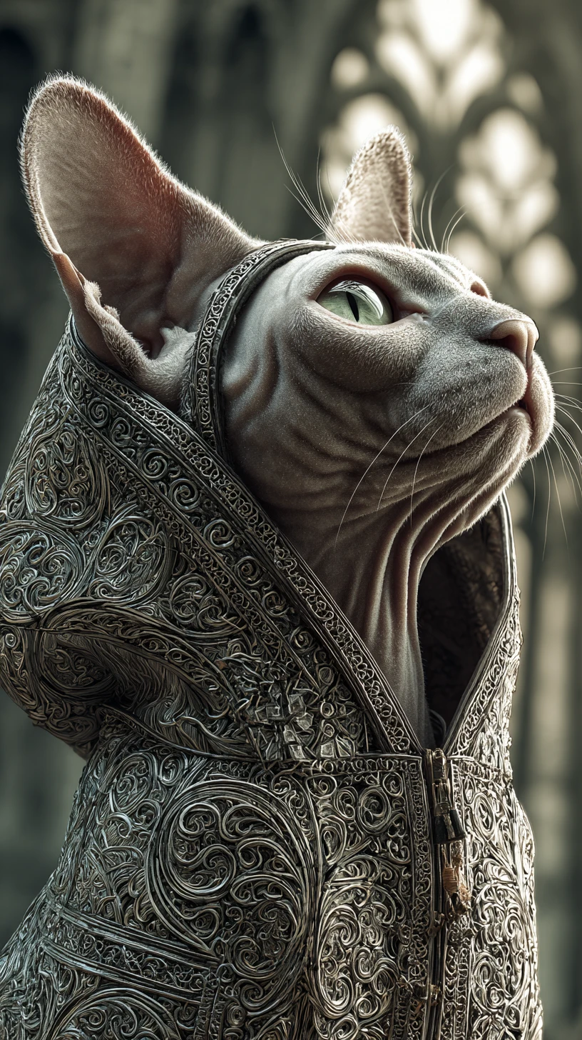 Gato esfinge tierno con sudadera ornamentada – retrato de fantasía urbana