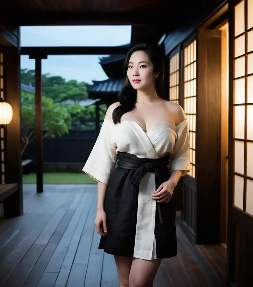 Curvy Vietnamese woman in yukata standing in wooden room