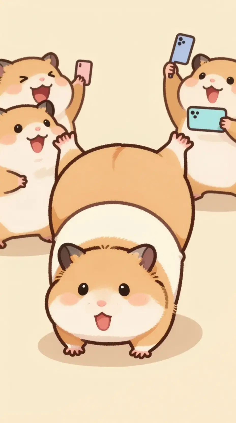 Chubby hamster doing a funny yoga pose with friends