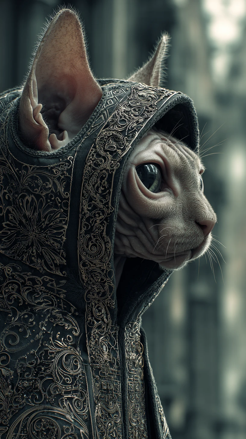 Gato Sphynx con sudadera ornamentada en retrato de fantasía urbana