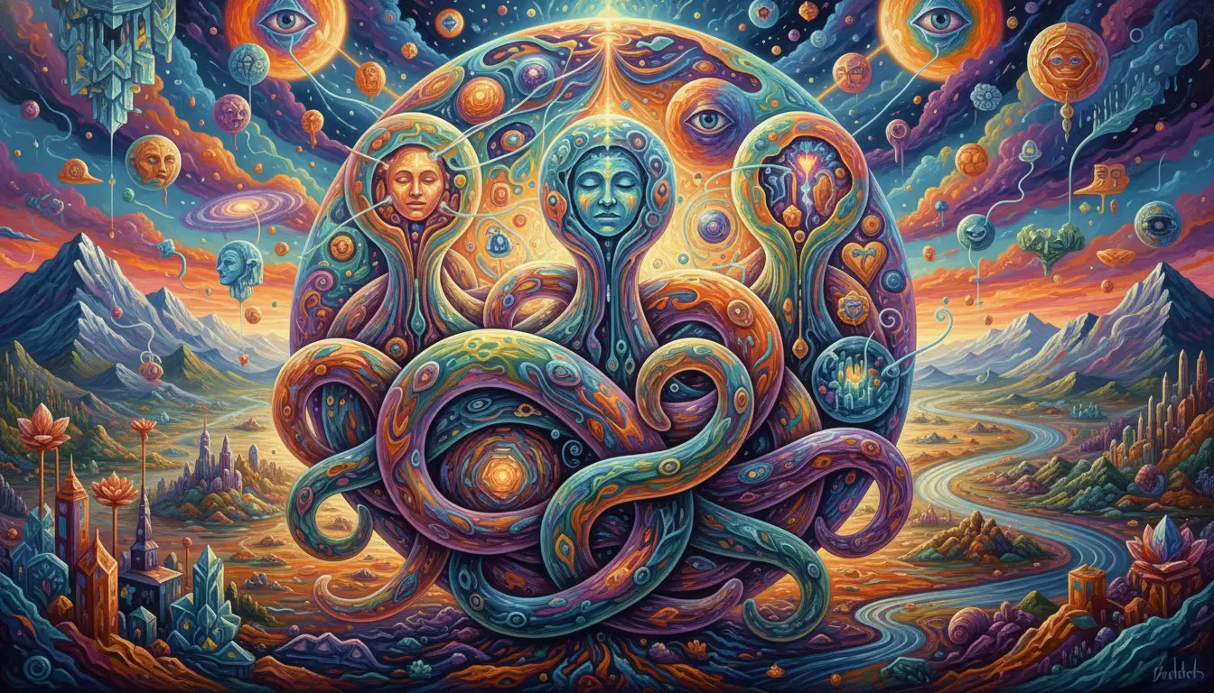 Psychedelic tentacled beings sharing dreams in altered reality