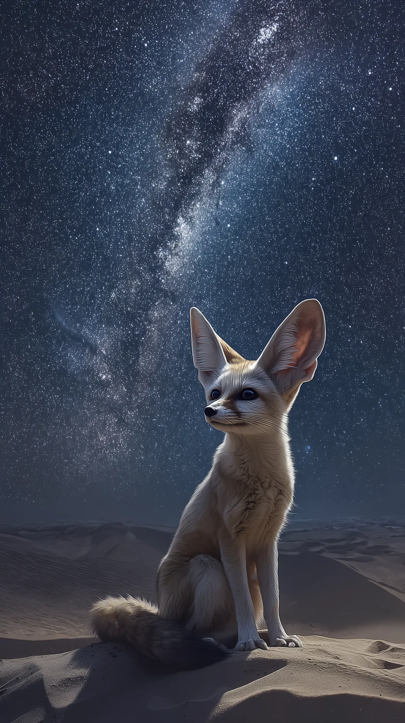 Fennec fox on a moonlit dune under a starry desert sky