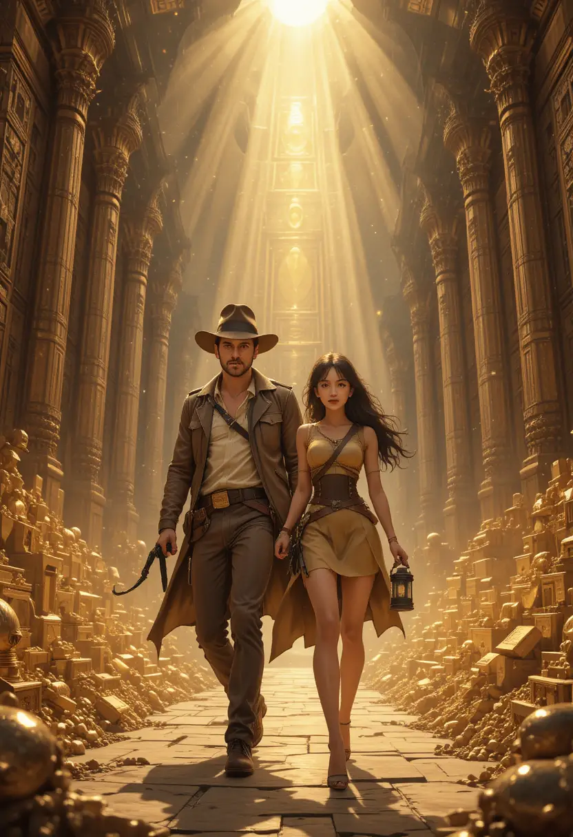 Anime adventurers in a golden temple chamber of treasure