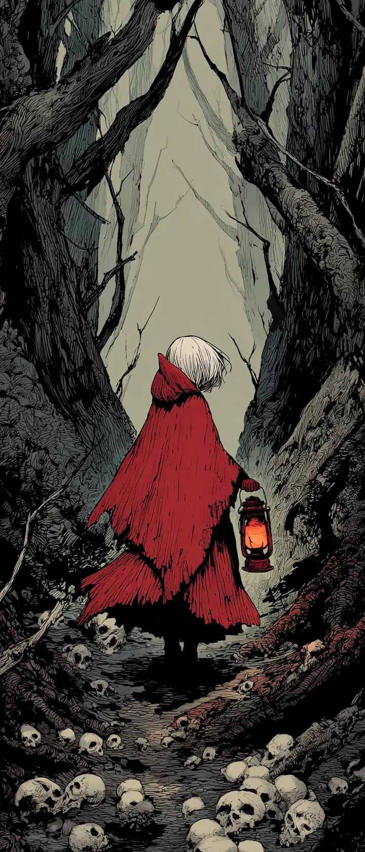 Anime girl in tattered red cloak walking through dark forest
