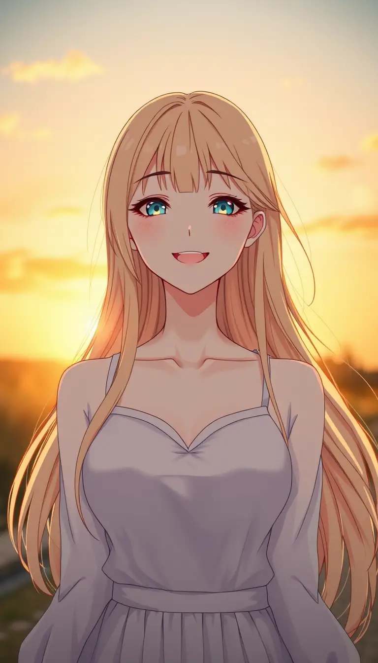 Joyful blonde anime girl at sunset in soft focus