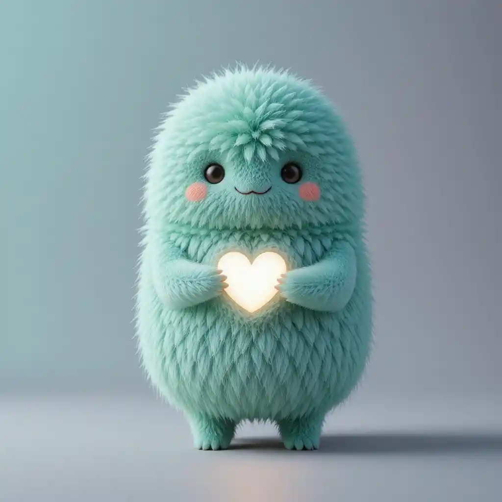 Mint fuzzy creature holding a glowing white heart