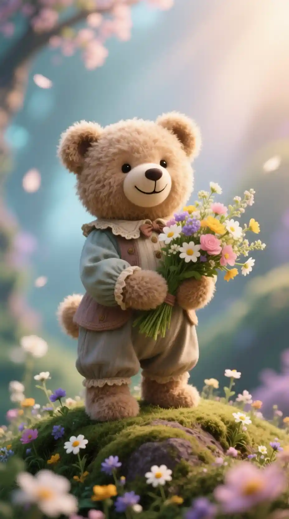 Cute teddy bear with flowers on a hill in spring