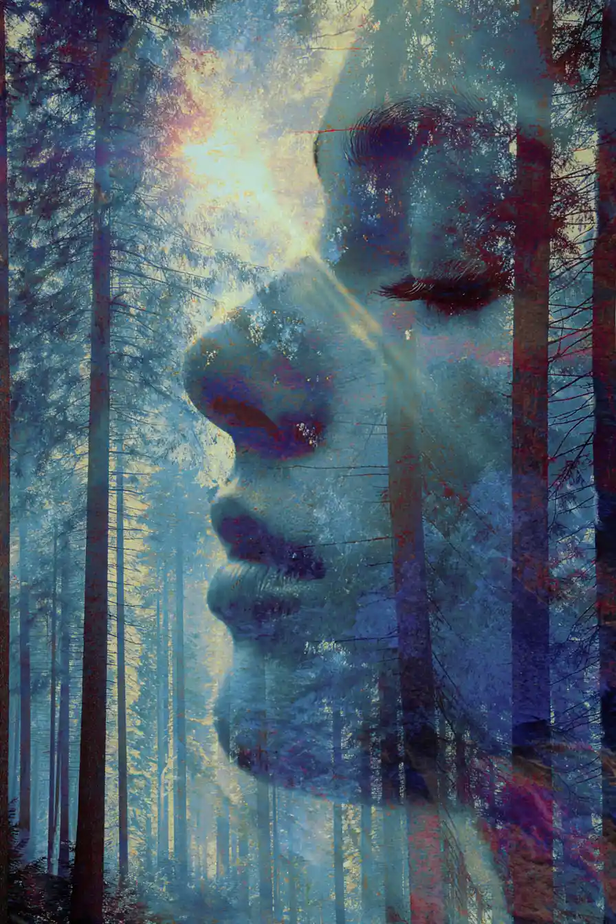 Heartbroken double exposure over surreal forest and sea
