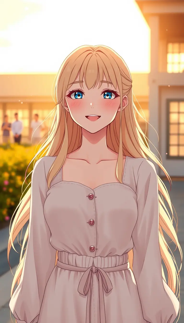 Joyful blonde anime woman at golden hour outdoors